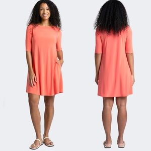 Sympli Nu Trapeze Dress Size 2 Coral Slinky Jersey Travel Knit Pockets Lagenlook